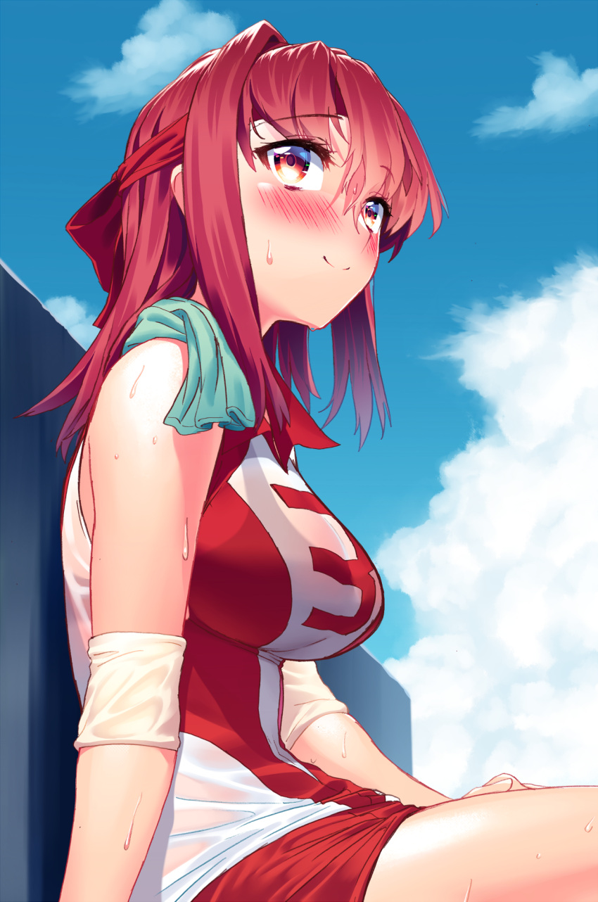 1girl against_wall blew_andwhite blue_sky blush breasts clouds day elbow_pads from_side girls_und_panzer hair_ribbon highres kondou_taeko large_breasts long_hair looking_up number red_eyes red_ribbon red_shorts redhead ribbon see-through shirt shorts sitting sky sleeveless sleeveless_shirt solo sportswear sweatdrop thighs towel towel_around_neck tsurime wet wet_clothes wet_shirt