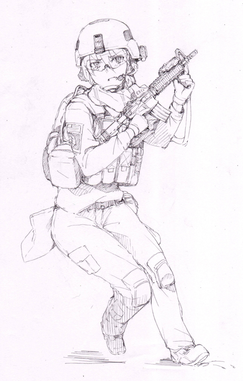 1girl ayyh gun headset helmet highres military military_uniform pouch rifle running safety_glasses sketch solo uniform vest weapon