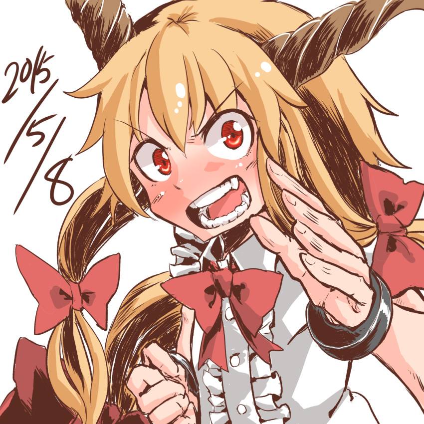1girl bow brown_hair cuffs fang fighting_stance hair_bow highres horns ibuki_suika long_hair open_mouth red_eyes shackles solo teeth the_maa touhou very_long_hair