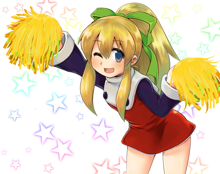 1girl arm_up blonde_hair blue_eyes cheerleader dress leaning_forward long_hair m.m one_eye_closed open_mouth pom_poms ponytail ribbon rockman roll smile solo