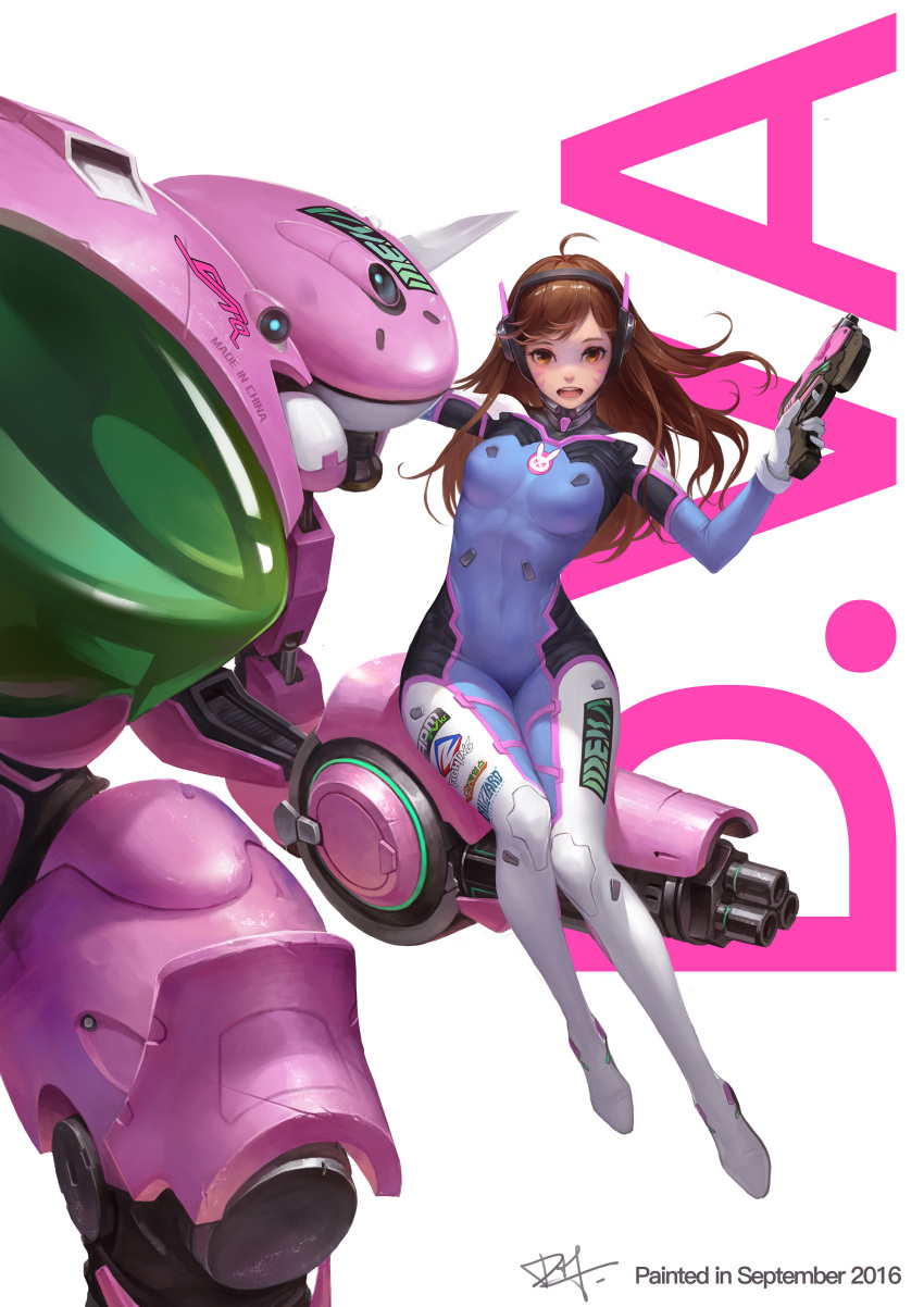 1girl 2016 absurdres ahoge artist_name bangs blizzard_(company) bodysuit breasts brown_eyes brown_hair bunny_print character_name covered_navel d.va_(overwatch) dated dh_(xuxiaoxxd) emblem facepaint facial_mark finger_on_trigger full_body gloves gun handgun headphones high_collar highres holding holding_gun holding_weapon knees_together_feet_apart logo long_hair looking_at_viewer mecha medium_breasts meka_(overwatch) open_mouth overwatch pilot_suit pistol ribbed_bodysuit september shoulder_pads signature simple_background sitting skin_tight solo swept_bangs weapon whisker_markings white_background white_gloves