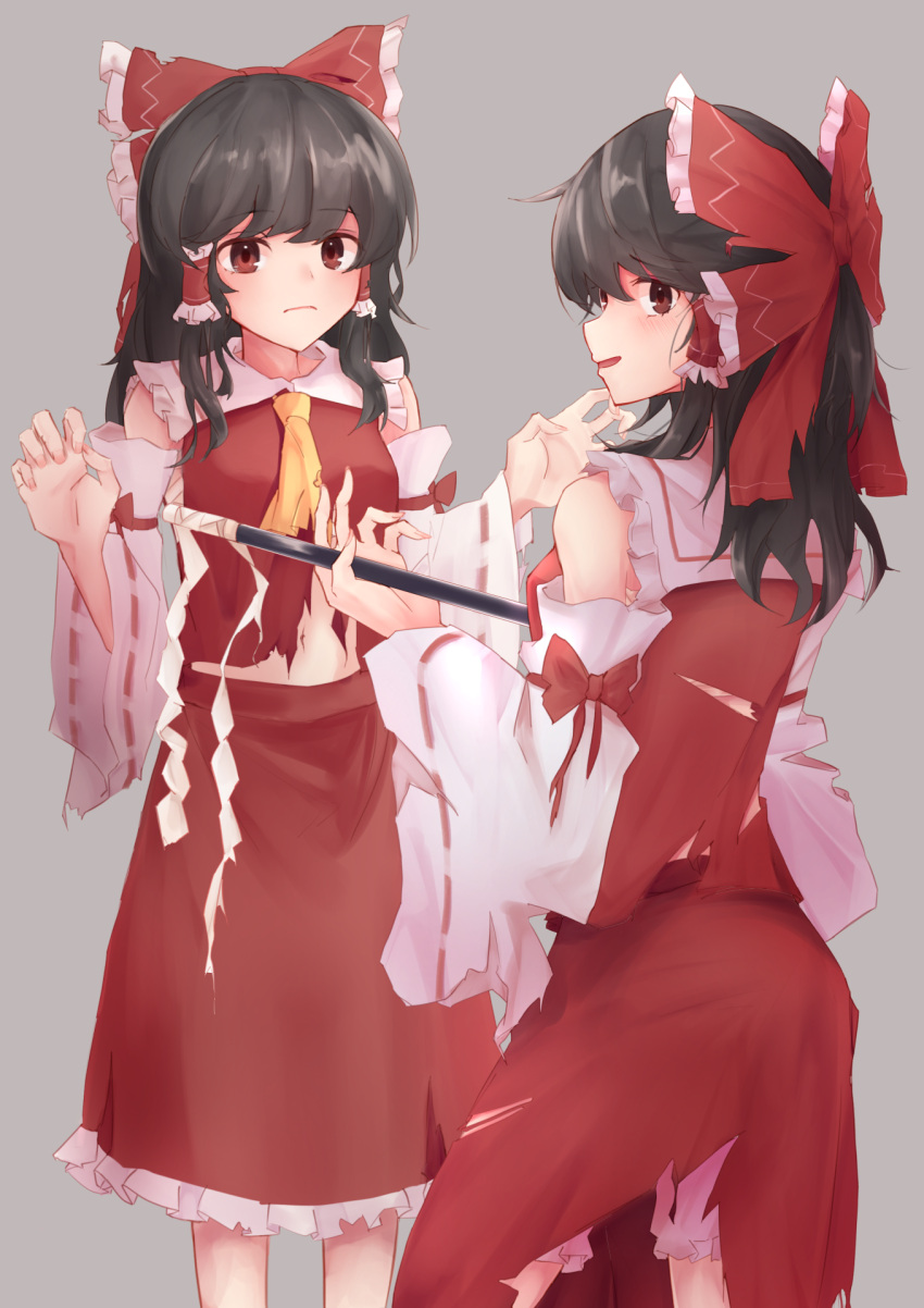2girls ascot black_hair bloomers blush bow brown_eyes detached_sleeves frilled_shirt_collar frills from_side gohei grey_background hair_bow hair_tubes hakurei_reimu highres holding holding_stick long_hair multiple_girls petticoat profile red_bow red_eyes red_shirt red_skirt ribbon-trimmed_sleeves ribbon_trim shirt skirt skirt_set smile stick taguno touhou underwear wide_sleeves