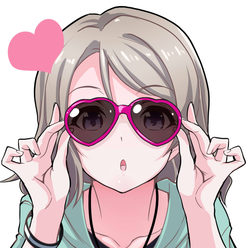 1girl :o adjusting_glasses bangs blue_eyes blush closed_mouth collarbone glasses grey_hair hair_between_eyes heart heart-shaped_sunglasses jewelry kurihara_kenshirou love_live! love_live!_sunshine!! necklace open_mouth short_hair simple_background solo sunglasses watanabe_you white_background wristband