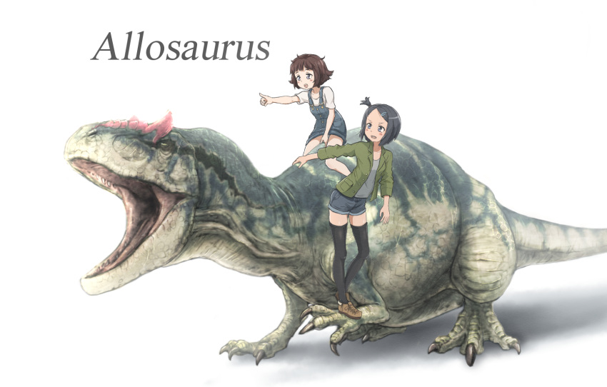 2girls allosaurus anachronism black_hair black_legwear blue_eyes brown_hair character_name collarbone dinosaur hair_ornament highres index_finger_raised kamemaru multiple_girls one_side_up open_mouth original panties pantyshot pantyshot_(sitting) short_hair shorts simple_background sitting thigh-highs underwear white_background white_panties