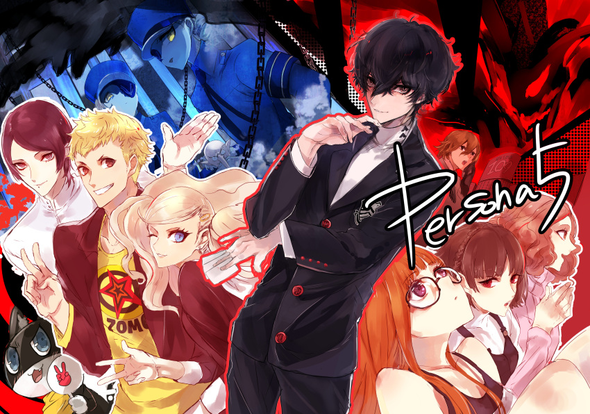 5boys 6+girls absurdres akechi_gorou arsene_(persona_5) bald bare_shoulders black_hair blonde_hair blue_eyes brown_eyes brown_hair caroline_(persona_5) cat chain earrings everyone eyepatch glasses gloves hair_ornament hairclip hat highres igor iriya_(lonesome) jewelry justine kitagawa_yuusuke kurusu_akira long_hair looking_at_viewer mask morgana_(persona_5) multiple_boys multiple_girls niijima_makoto okumura_haru one_eye_closed orange_hair persona persona_5 protagonist_(persona_5) red_eyes sakamoto_ryuuji sakura_futaba school_uniform shibuya_109 short_hair siblings smile takamaki_ann twins twintails v yellow_eyes