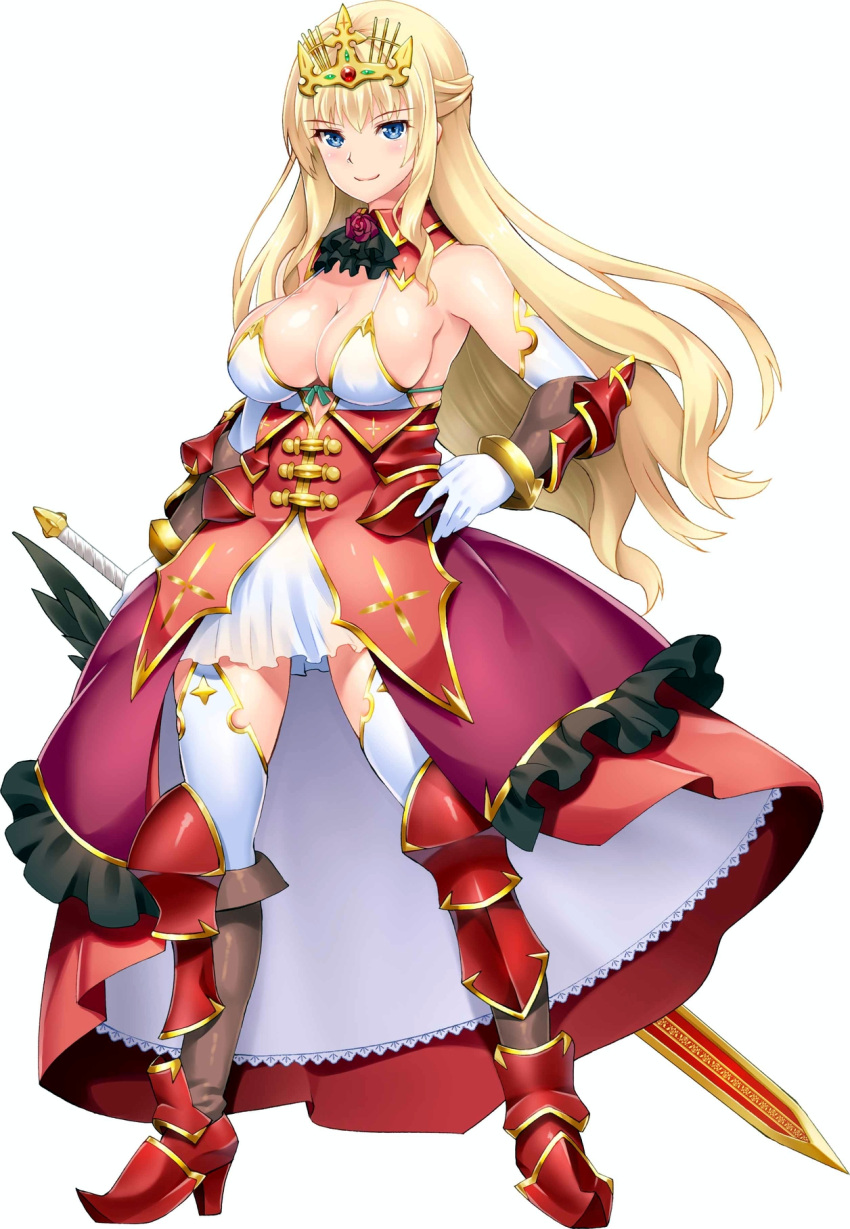 &gt;:) 1girl armpits bare_shoulders bikini_top blonde_hair blue_eyes brave_girl_ravens breasts cleavage cowboy_shot detached_collar dress elbow_gloves elbow_pads flower full_body gloves hand_on_hip highres jewelry long_hair looking_at_viewer official_art original red_dress red_rose rose shinozuka_atsuto shiny shiny_skin sideboob sidelocks simple_background smile solo standing sword tiara very_long_hair weapon white_background white_gloves