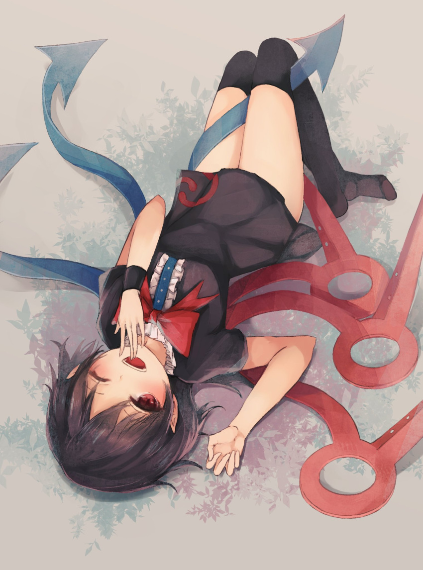 ;d asymmetrical_hair asymmetrical_wings black_dress black_hair blush bow bowtie breasts commentary crossed_ankles dress hand_to_own_mouth highres houjuu_nue knees_up lying medium_breasts on_back one_eye_closed open_mouth over-kneehighs red_bow red_bowtie red_eyes short_dress short_hair short_sleeves smile thigh-highs thkani touhou upside-down wings
