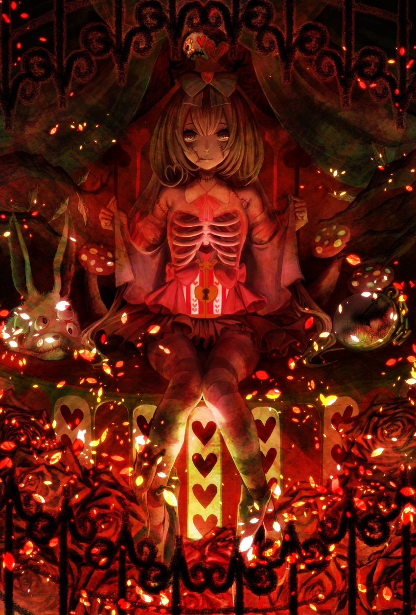 1girl :3 alice_(wonderland) alice_in_wonderland black_skirt blue_eyes bow bunny_head closed_mouth curtains detached_collar flower green_hair hair_between_eyes hair_bow hamushi_(hamushi86) heart heart-shaped_pupils highres keyhole knees_together_feet_apart leaf long_hair looking_at_viewer mushroom neck_ribbon original pantyhose pink_ribbon pleated_skirt pocket_watch red_rose ribbon ribs rose sitting skirt stitched_mouth stitches striped striped_legwear symbol-shaped_pupils very_long_hair watch