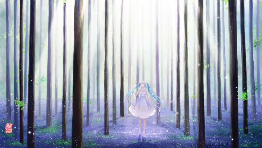 1girl aqua_eyes aqua_hair artist_name barefoot bird closed_mouth collarbone dress forest hatsune_miku highres long_hair looking_away looking_up nature outdoors plant sanaa silhouette sleeveless sleeveless_dress standing tree twintails very_long_hair vocaloid white_dress