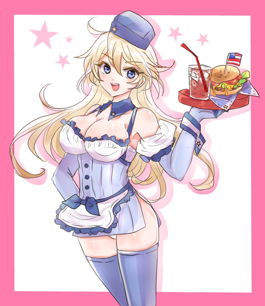 1girl american_flag apron blonde_hair blue_dress blue_eyes blue_gloves breasts chemaru_(a8l) cleavage cup detached_collar dress drinking_glass drinking_straw elbow_gloves employee_uniform food gloves hamburger hand_on_hip hat highres iowa_(kantai_collection) kantai_collection large_breasts long_hair panties short_dress side_slit solo star thigh-highs tray underwear uniform waist_apron white_panties