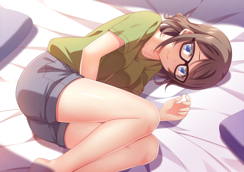 1girl blue_eyes breasts brown_hair glasses looking_at_viewer love_live! love_live!_sunshine!! lying mmrailgun on_side shirt short_hair shorts smile solo t-shirt watanabe_you