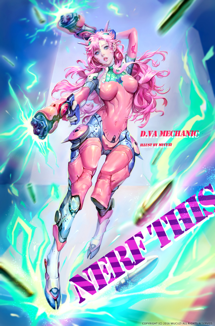 1girl 2016 absurdres alternate_color alternate_costume alternate_eye_color alternate_hair_color ammunition android arm_behind_head arm_up artist_name bangs blue_eyes bodysuit boots breasts breasts_apart bunny_print character_name commentary covered_navel dated dual_wielding facepaint facial_mark finger_on_trigger full_body gloves gun handgun headgear highres holding holding_gun holding_weapon knee_pads lips lipstick long_hair long_sleeves looking_at_viewer makeup medium_breasts meka_(overwatch) mucuzi overwatch parted_lips pauldrons personification pilot_suit pink_hair pink_lips pink_lipstick ribbed_bodysuit shells shoulder_pads skin_tight solo turtleneck weapon whisker_markings white_gloves