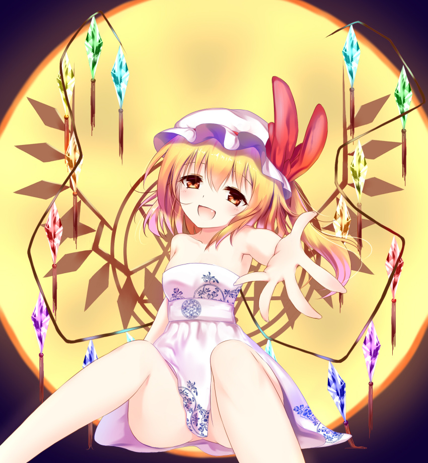 1girl bare_arms black_background blonde_hair bow collarbone crystal dress fang flandre_scarlet full_moon hair_between_eyes hat hat_bow head_tilt highres leisikukki looking_at_viewer mob_cap moon no_panties open_mouth orange_eyes outstretched_arm red_bow sash side_ponytail sitting smile solo strapless strapless_dress tareme touhou white_dress white_hat wings