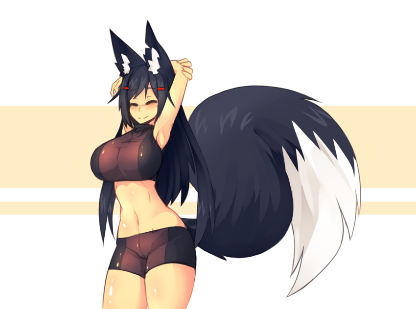 1girl animal_ears armpits arms_behind_head arms_up bike_shorts black_hair breasts closed_eyes cowboy_shot fox_ears fox_tail hair_ornament hairclip halter_top halterneck huge_breasts kiri_(sub-res) long_hair navel original simple_background smile solo stomach stretch sub-res tail