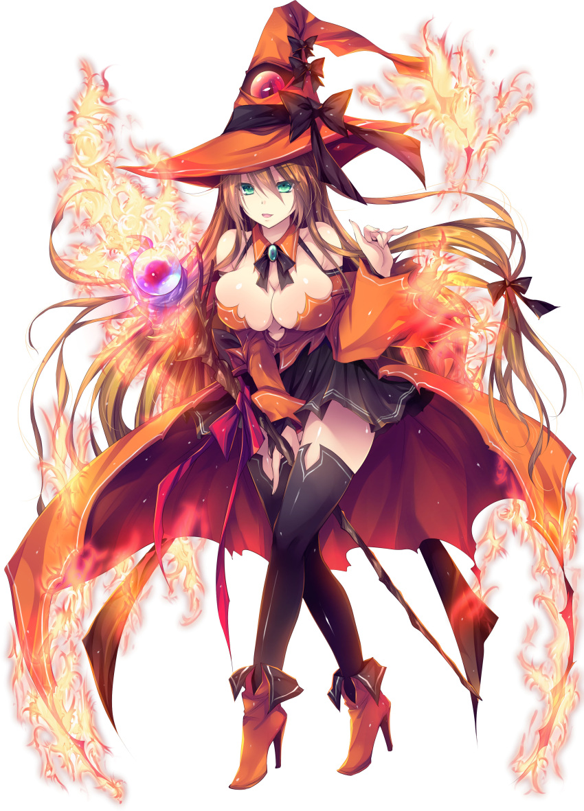 1girl absurdres aqua_eyes artist_request bare_shoulders black_legwear brave_girl_ravens breasts brown_hair cleavage female full_body hat high_heels highres large_breasts long_hair looking_at_viewer open_mouth pleated_skirt simple_background skirt smile solo staff standing thigh-highs white_background wide_sleeves witch witch_hat