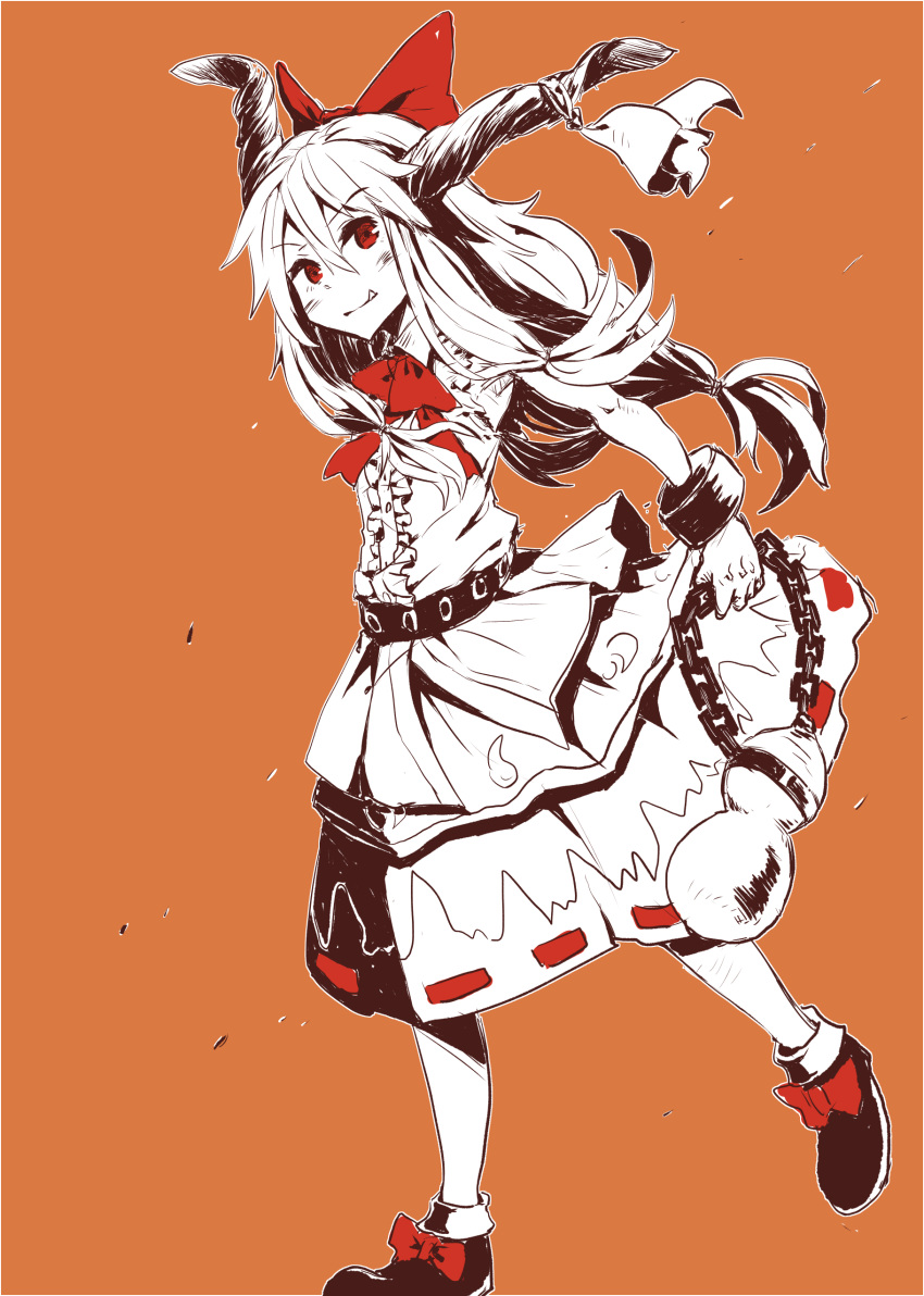 1girl absurdres belt bow chain fang gourd hair_bow highres horn_ribbon horns ibuki_suika long_hair orange_background red_eyes ribbon solo spot_color the_maa touhou very_long_hair