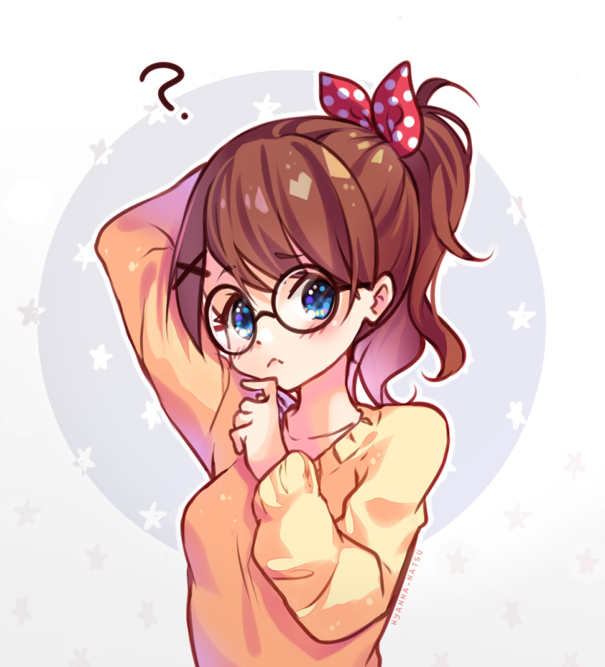 1girl :&lt; ? arm_behind_head arm_up artist_name black-framed_eyewear blue_eyes blush bow brown_hair closed_mouth collarbone eyebrows eyebrows_visible_through_hair glasses hair_bow hair_ornament highres hyanna-natsu long_hair long_sleeves looking_at_viewer original polka_dot polka_dot_bow ponytail round_glasses solo sweater tareme two-tone_background upper_body x_hair_ornament