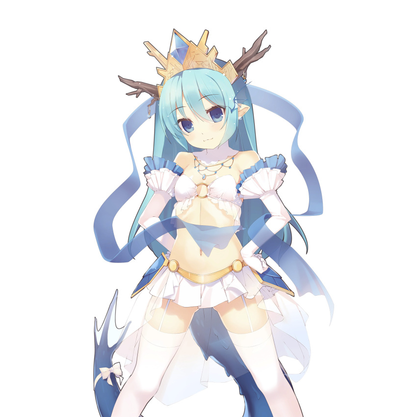 1girl :3 antlers artist_request ass_visible_through_thighs bare_shoulders blue_eyes blue_hair bow breasts character_request detached_collar dragon dragon_tail eastern_dragon elbow_gloves garter_straps gloves highres long_hair looking_at_viewer microskirt midriff navel nekomu o-ring_top official_art pleated_skirt pointy_ears simple_background skirt small_breasts solo tail tail_bow thigh-highs uchi_no_hime-sama_ga_ichiban_kawaii white_background white_gloves white_legwear wide_stance