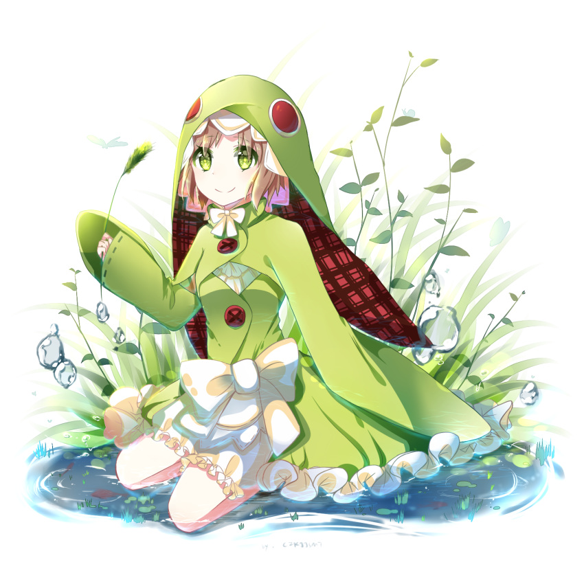 1girl bangs bow brown_hair bubble buttons c-i chamot_rosso dragonfly dress eyebrows eyebrows_visible_through_hair eyes_visible_through_hair frilled_dress frills full_body grass green_eyes highres holding hood insect leaf plant pond rokka_no_yuusha short_hair simple_background sitting smile solo white_background