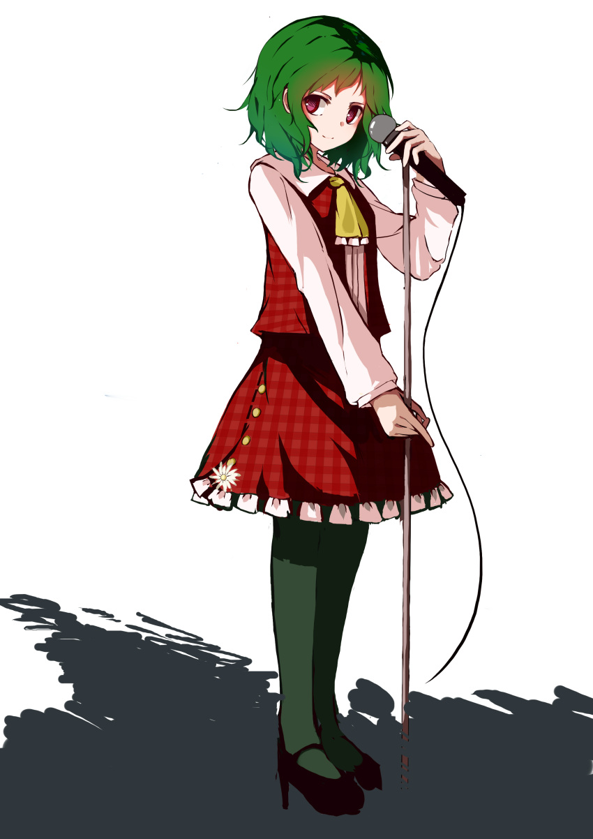 &gt;:) 1girl absurdres ascot black_shoes closed_mouth flower frilled_skirt frills from_side full_body green_hair green_legwear high_heels highres kazami_yuuka long_sleeves looking_at_viewer looking_to_the_side microphone microphone_stand open_clothes open_vest pantyhose plaid plaid_skirt plaid_vest red_eyes sancking_(fatekl) shoes short_hair skirt skirt_set solo touhou vest