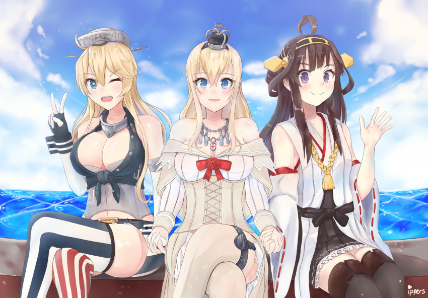 3girls bare_shoulders blonde_hair blue_eyes boots braid breasts brown_hair cleavage crossed_legs crown detached_sleeves double_bun dress elbow_gloves fingerless_gloves french_braid front-tie_top garter_straps gloves hairband headgear iowa_(kantai_collection) ippers japanese_clothes kantai_collection kongou_(kantai_collection) long_hair mini_crown miniskirt multiple_girls nontraditional_miko off_shoulder one_eye_closed ribbon-trimmed_sleeves ribbon_trim sitting skirt star star-shaped_pupils striped symbol-shaped_pupils thigh-highs thigh_boots v vertical_stripes violet_eyes warspite_(kantai_collection) white_legwear