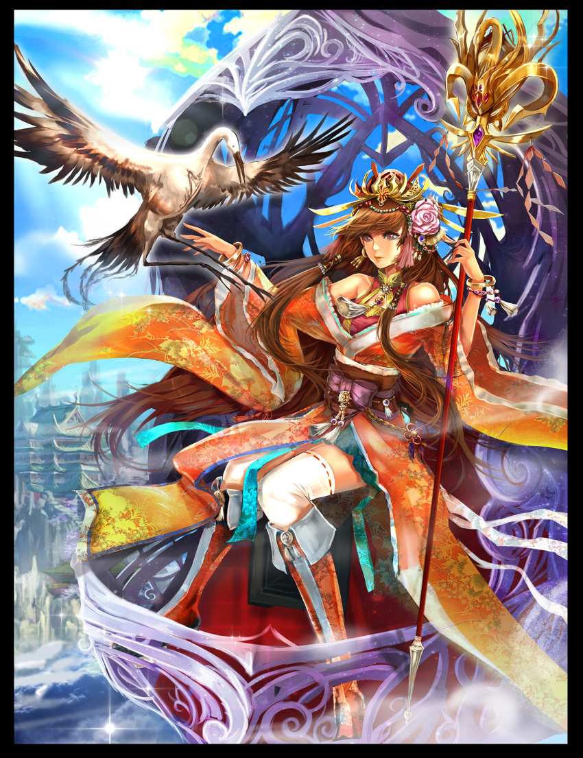 1girl architecture bangle bird blue_sky boots bracelet brown_hair clouds dragon's_shadow earrings east_asian_architecture flower hair_flower hair_ornament hair_tubes headpiece highres japanese_clothes jewelry kenshjn_park knee_boots long_hair outdoors red_boots sitting sky solo staff stork tassel thigh-highs white_legwear