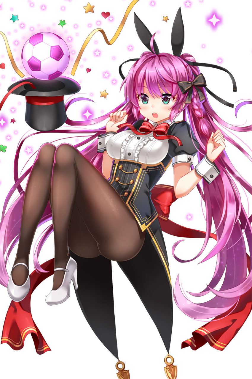 1girl ahoge aqua_eyes ass ball black_daisy_(soccer_spirits) black_hat braid breasts hat hat_removed headwear_removed high_heels highres long_hair medium_breasts official_art open_mouth pantyhose pink_hair serin199 shoes soccer soccer_spirits solo very_long_hair white_shoes