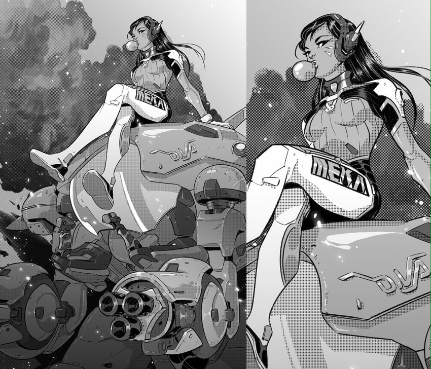 1girl acronym arm_cannon bangs bodysuit boots bracer breasts breasts_apart bubble_blowing bubblegum bunny_print character_name d.va_(overwatch) facepaint facial_mark full_body gatling_gun gloves greyscale gum gun headphones joel_furtado long_hair long_sleeves mecha medium_breasts meka_(overwatch) monochrome overwatch pauldrons pilot_suit ribbed_bodysuit shoulder_pads sitting skin_tight solo thigh-highs thigh_boots turtleneck weapon whisker_markings white_boots white_gloves