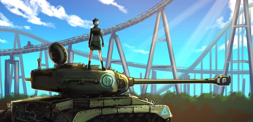 1girl bush clouds garrison_cap girls_und_panzer ground_vehicle hat kws m26_pershing military military_vehicle motor_vehicle rumi_(girls_und_panzer) short_hair silver_hair sky socks solo standing tank