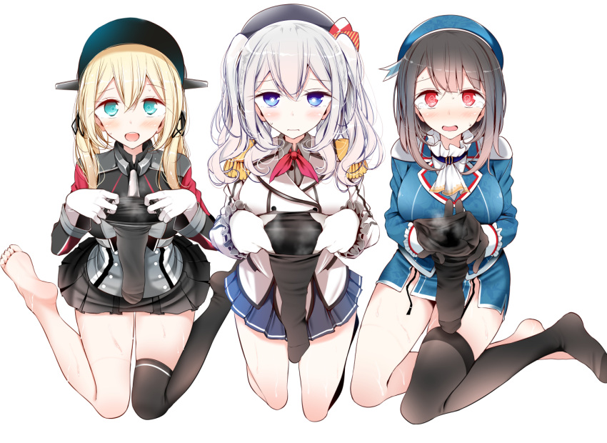 3girls @_@ anchor_hair_ornament aqua_eyes barefoot beret black_gloves black_hair black_legwear black_skirt blonde_hair blue_eyes blush breasts buttons commentary_request epaulettes feet frilled_sleeves frills garter_straps gloves grey_shirt hair_ornament hat jacket kantai_collection kashima_(kantai_collection) kerchief kneehighs kneeling large_breasts legwear_removed long_sleeves looking_at_viewer microskirt military military_hat military_uniform miniskirt multiple_girls oouso_(usotsukiya) peaked_cap pleated_skirt prinz_eugen_(kantai_collection) red_eyes shirt short_hair sidelocks silver_hair single_sock sitting skirt socks soles steam sweat takao_(kantai_collection) tears thigh-highs toes tsurime twintails uniform wariza wavy_hair wavy_mouth white_gloves