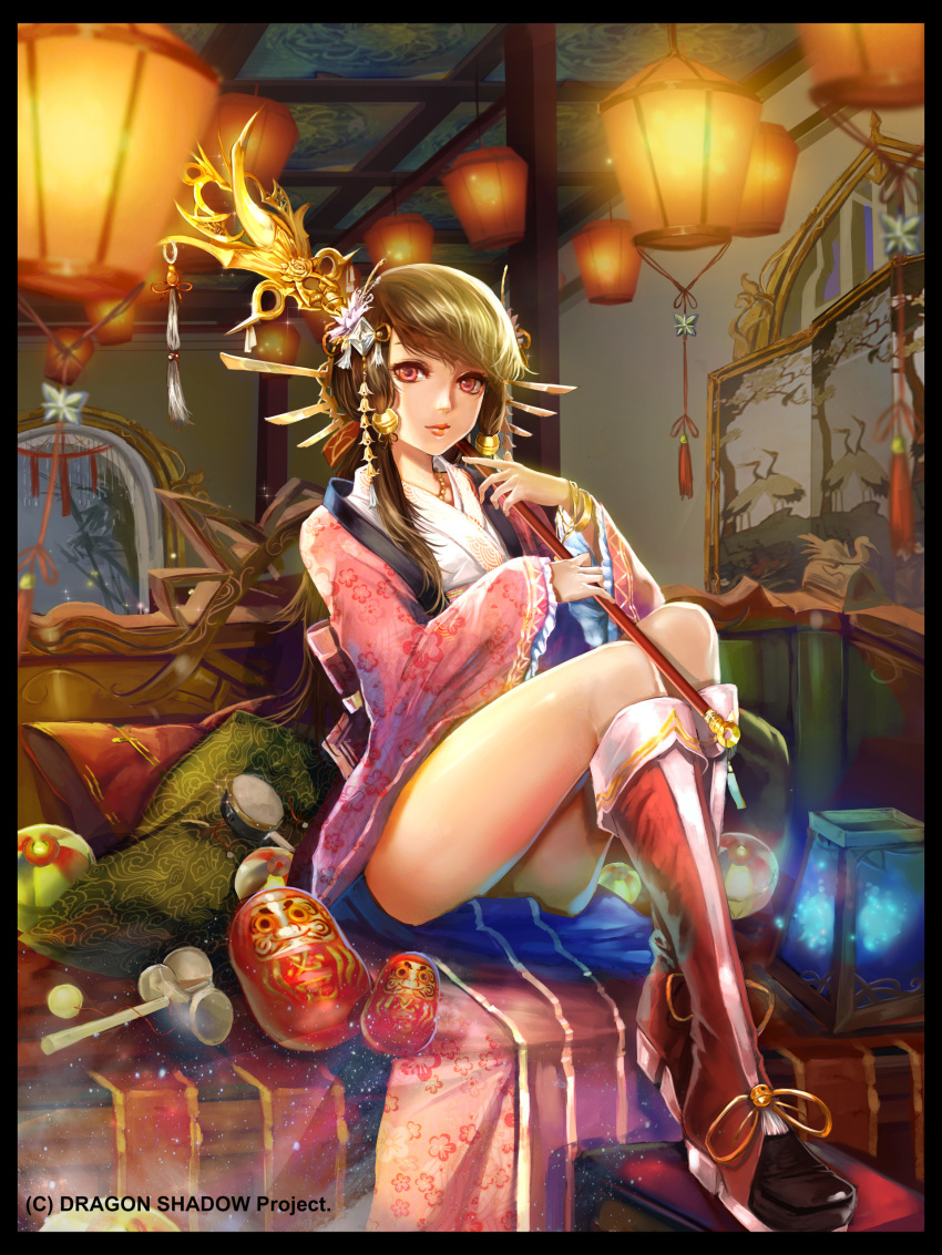 1girl absurdres ball bangle boots bracelet brown_hair copyright_name daruma_doll dragon's_shadow hair_ornament highres holding holding_staff indoors japanese_clothes jewelry kendama kenshjn_park knee_boots lantern looking_at_viewer over_shoulder paper_lantern pillow pink_eyes red_boots screen sitting staff watermark wide_sleeves window