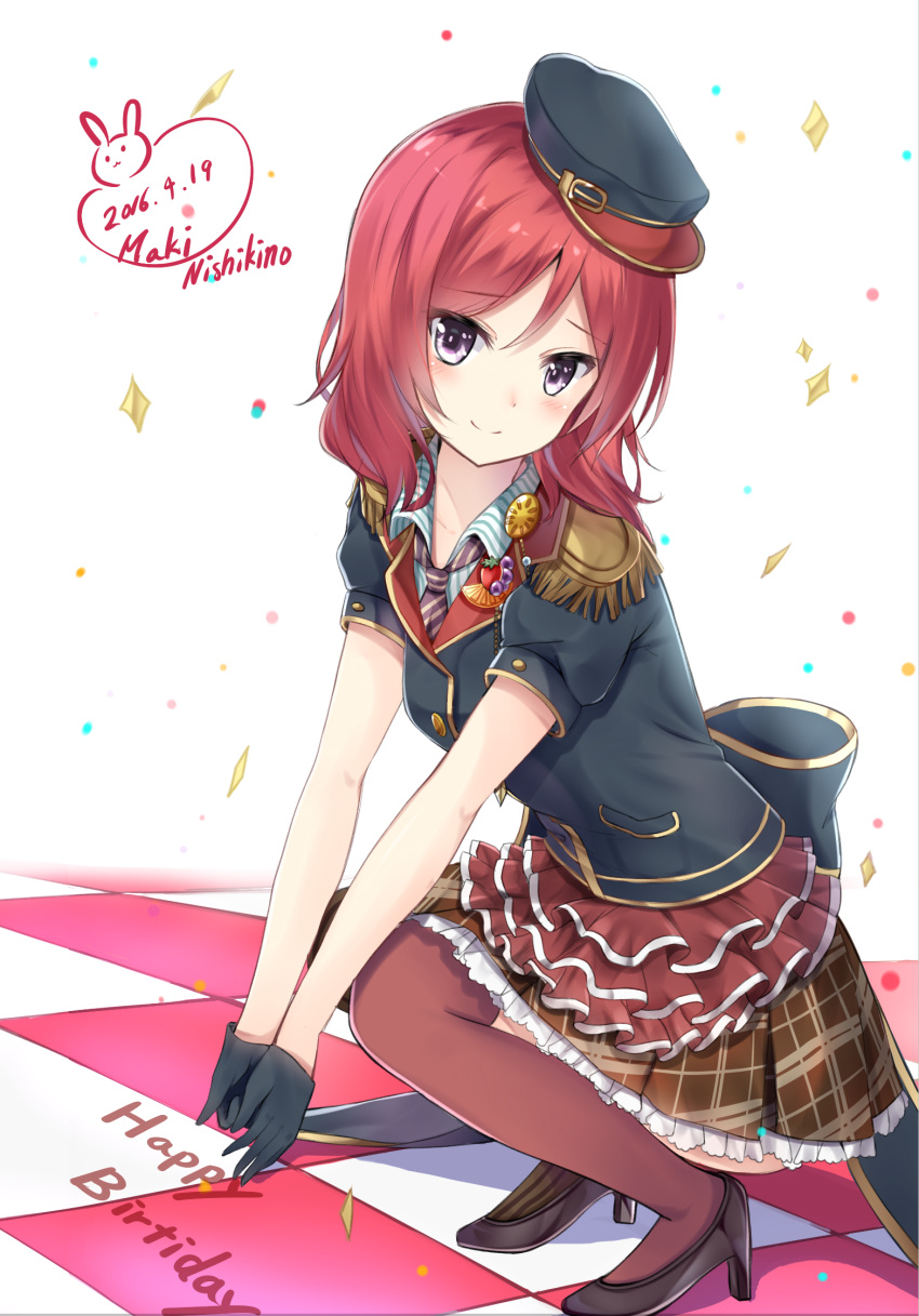 2016 black_gloves brown_legwear character_name checkered checkered_floor collarbone dated eyebrows eyebrows_visible_through_hair frilled_skirt frills gloves hat highres karumayu looking_at_viewer love_live! love_live!_school_idol_project necktie nishikino_maki redhead short_hair skirt smile squatting striped striped_necktie thigh-highs violet_eyes