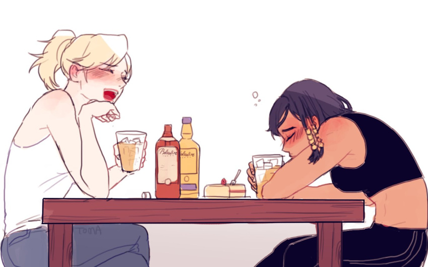 2girls alcohol artist_name bare_shoulders black_hair blonde_hair blush bottle braid breasts cake closed_eyes crop_top cup dark_skin drinking_glass drunk food fork from_side glasses hair_tubes hand_on_own_chin head_rest holding holding_glass ice ice_cube laughing medium_breasts mercy_(overwatch) multiple_girls nose_blush open_mouth overwatch pants pharah_(overwatch) pink_lips ponytail shirt short_hair side_braids simple_background sitting sketch sleeveless sleeveless_shirt toma_(tomama97) whiskey white_background white_shirt