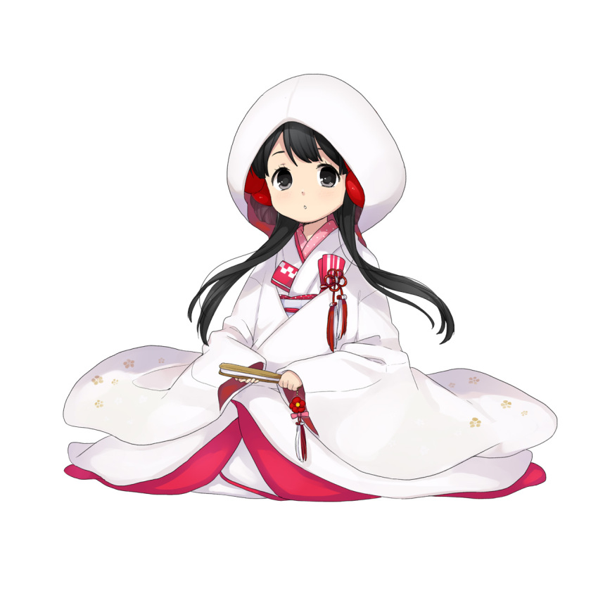 1girl :o artist_request black_eyes black_hair character_request copyright_request floral_print full_body hair_over_shoulder highres hood japanese_clothes kimono long_sleeves simple_background sleeves_past_wrists solo uchikake white white_background
