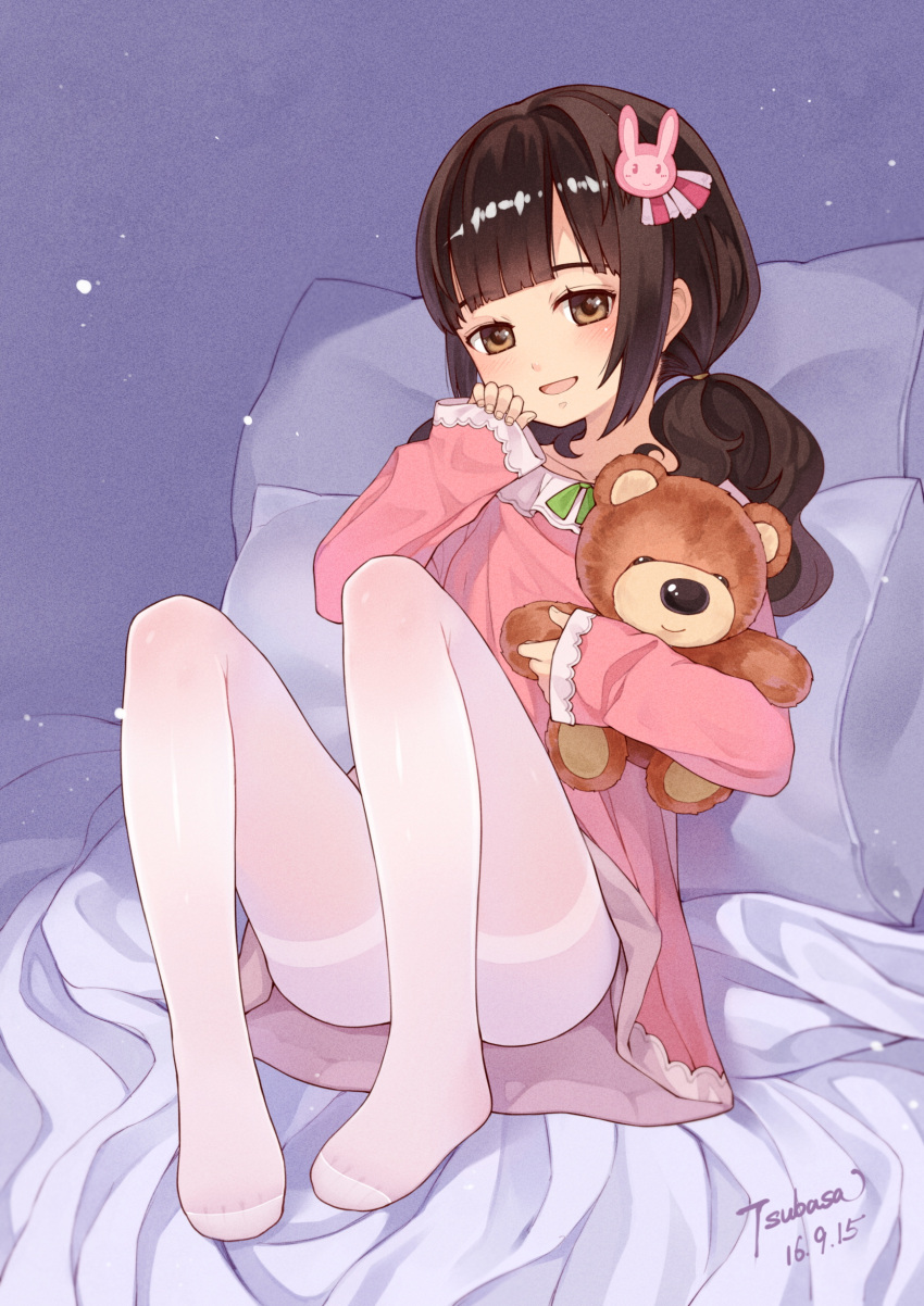 1girl 2016 absurdres brown_eyes brown_hair bunny_hair_ornament child dated dress hair_ornament highres long_hair low_twintails original pantyhose pillow signature sitting sleeves_past_wrists smile solo stuffed_animal stuffed_toy teddy_bear thighband_pantyhose tsubasa_tsubasa twintails white_legwear