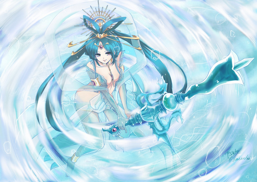 1girl anklet barefoot blue_hair breasts brown_eyes cleavage collarbone hair_ornament holding holding_weapon jewelry long_hair magi_the_labyrinth_of_magic medium_breasts ren_kougyoku see-through signature solo weapon