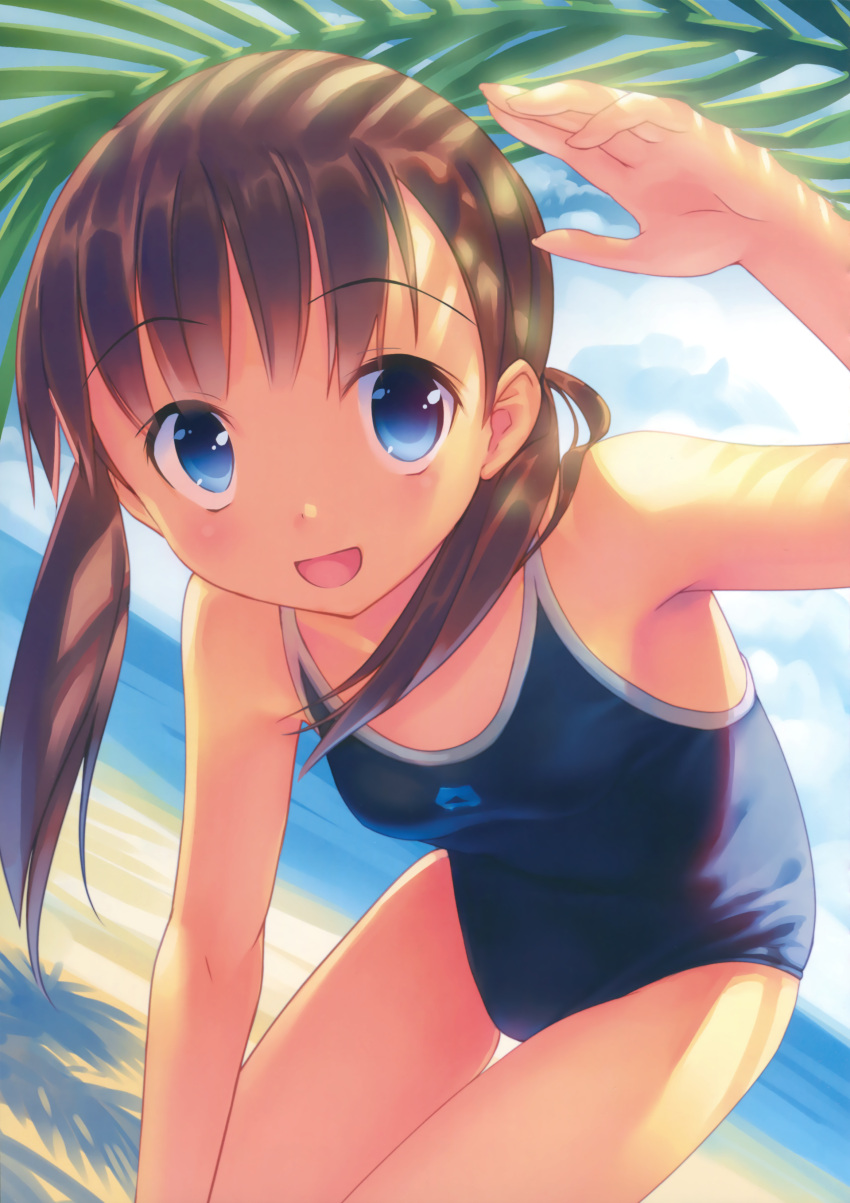 1girl absurdres bangs bare_arms bare_shoulders beach blue_eyes blue_sky blue_swimsuit blush breasts brown_hair clouds dappled_sunlight day eyebrows eyebrows_visible_through_hair highres leaning_forward long_hair looking_at_viewer ocean one-piece_swimsuit open_mouth original outdoors sand scan school_swimsuit shade sky small_breasts smile solo sunlight swimsuit takoyaki_(roast) tree_shade twintails water