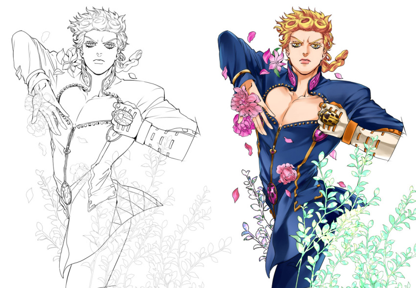 1boy blonde_hair braid brooch chaashuu earrings flower giorno_giovanna gold_experience jewelry jojo_no_kimyou_na_bouken jojo_pose ladybug lineart male_focus pectorals petals plant pose single_braid solo stand_(jojo) stud_earrings yellow_eyes