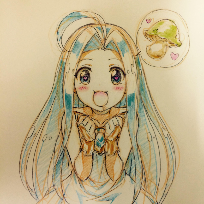 1girl :3 absurdres ahoge blue_eyes blue_hair clenched_hands collarbone fusuke208 granblue_fantasy heart heart-shaped_pupils highres long_hair lyria_(granblue_fantasy) mushroom open_mouth solo speech_bubble spoken_food symbol-shaped_pupils traditional_media very_long_hair