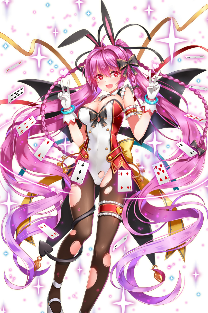 1girl animal_ears armband black_daisy_(soccer_spirits) black_wings bracelet braid breasts card cleavage demon_tail gloves highres jewelry legband long_hair looking_at_viewer medium_breasts official_art open_mouth pantyhose pink_eyes pink_hair playing_card rabbit_ears serin199 shoes soccer_spirits solo standing tail torn_clothes torn_pantyhose v very_long_hair white_gloves white_shoes wings