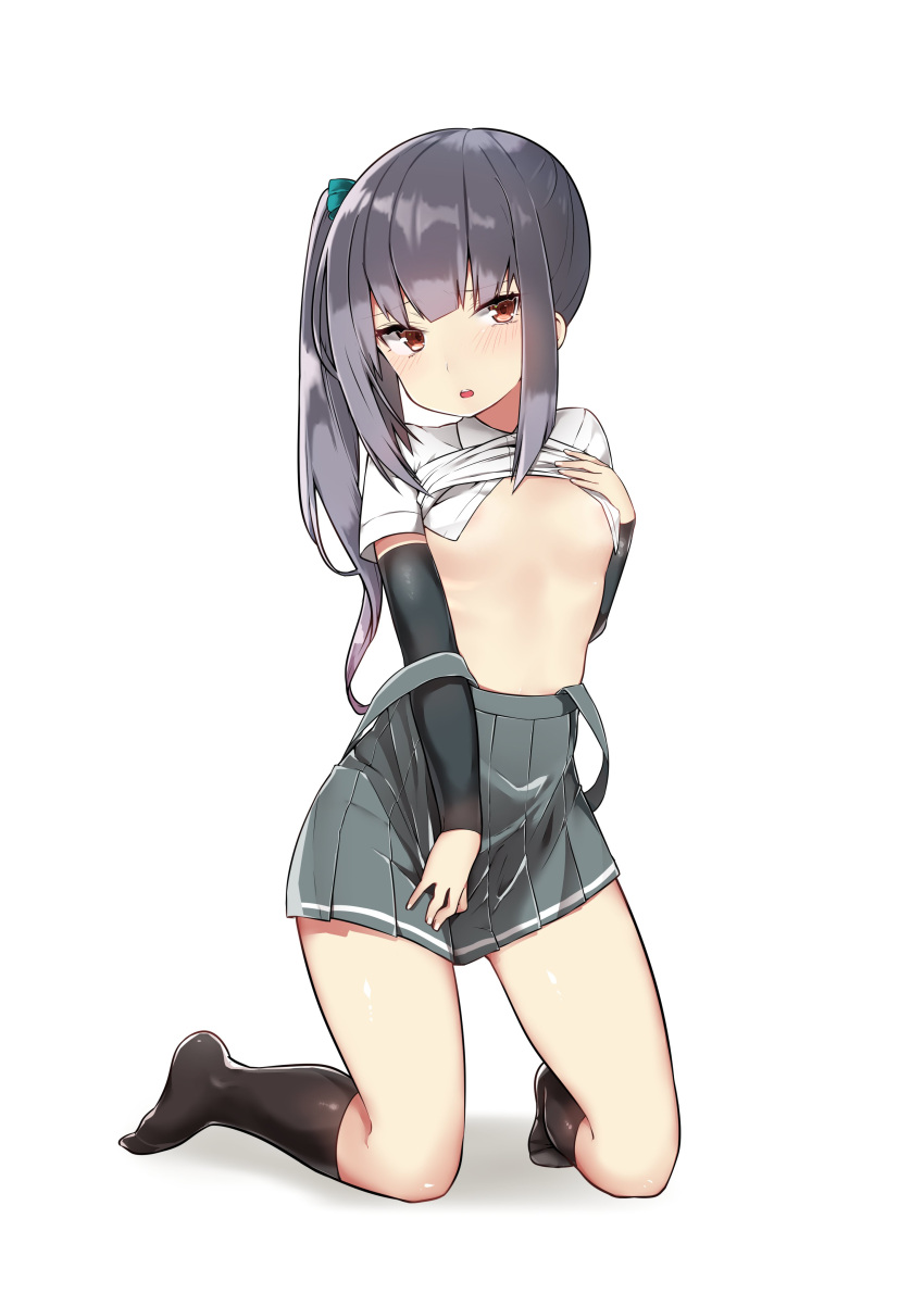 1girl absurdres brown_eyes flat_chest grey_hair highres kantai_collection kasumi_(kantai_collection) kneeling mitsudoue no_bra parted_lips pleated_skirt shirt_lift side_ponytail skirt solo suspenders suspenders_slip undressing white_background
