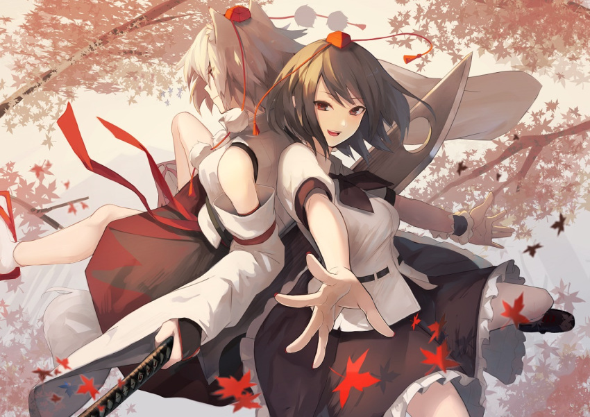 2girls animal_ears back-to-back bare_shoulders black_hair brown_eyes detached_sleeves fami_(yellow_skies) geta hat inubashiri_momiji japanese_clothes leaf long_sleeves looking_at_viewer maple_leaf multiple_girls open_mouth outstretched_arms pom_pom_(clothes) profile puffy_sleeves shameimaru_aya shirt short_hair short_sleeves skirt smile socks string sword tail tokin_hat touhou weapon white_hair white_legwear wide_sleeves wolf_ears wolf_tail wrist_cuffs