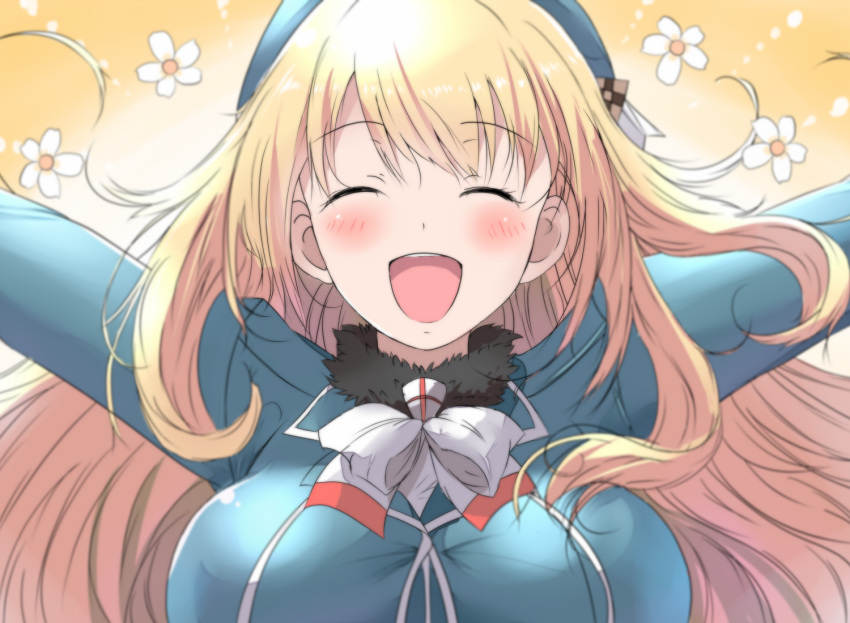 1girl :d ^_^ atago_(kantai_collection) beret blonde_hair blush breasts closed_eyes colored commentary_request flower hat kantai_collection kuromu_(underporno) large_breasts long_hair long_sleeves looking_at_viewer military military_uniform open_mouth outstretched_arms pan-pa-ka-paaan! smile solo uniform upper_body