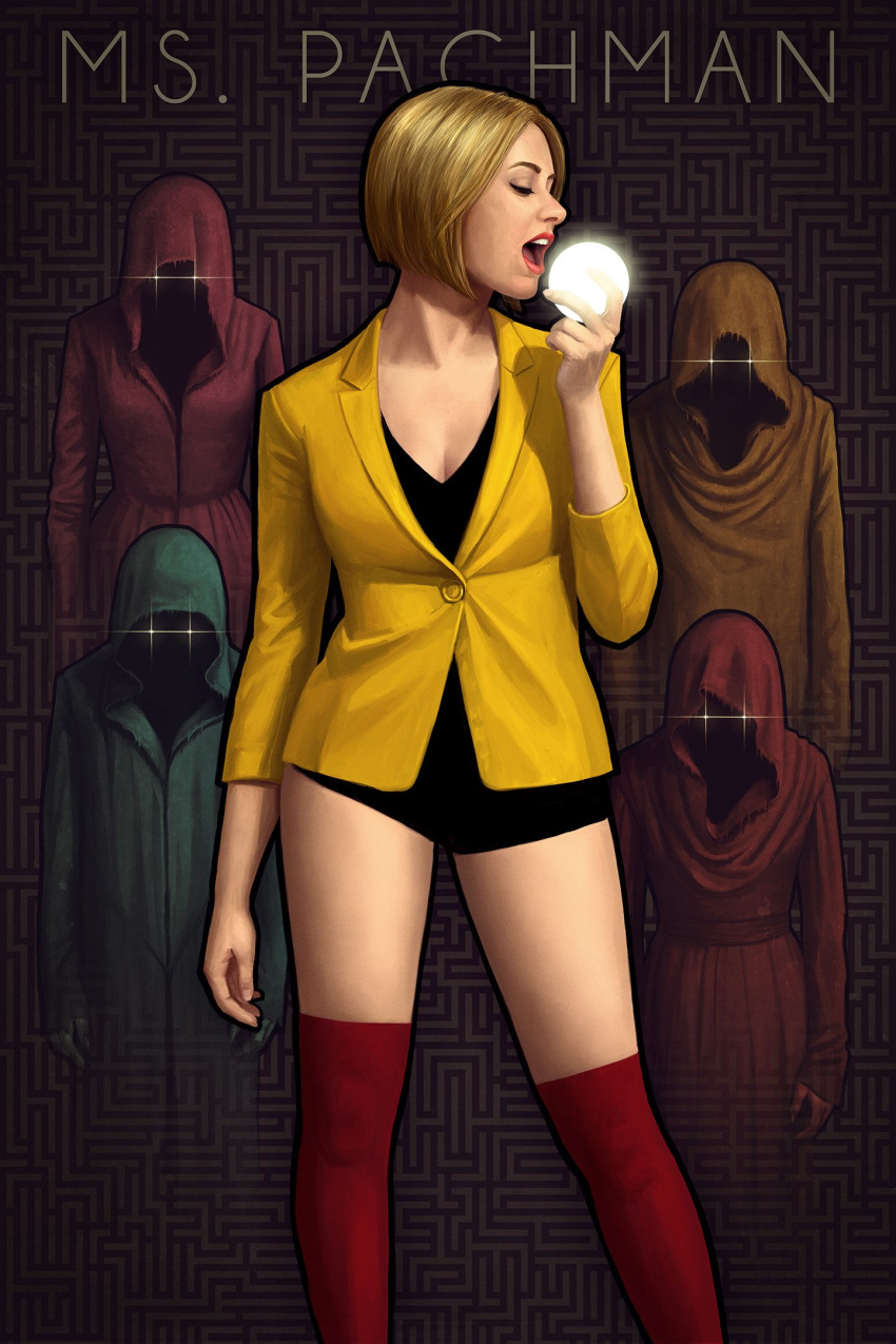 astor_alexander black_shorts blonde_hair breasts cleavage closed_eyes contrapposto glowing highres hood kneehighs ms._pac-man open_mouth orb pac-man_(game) personification profile realistic red_legwear robe short_shorts shorts sparkling_eyes