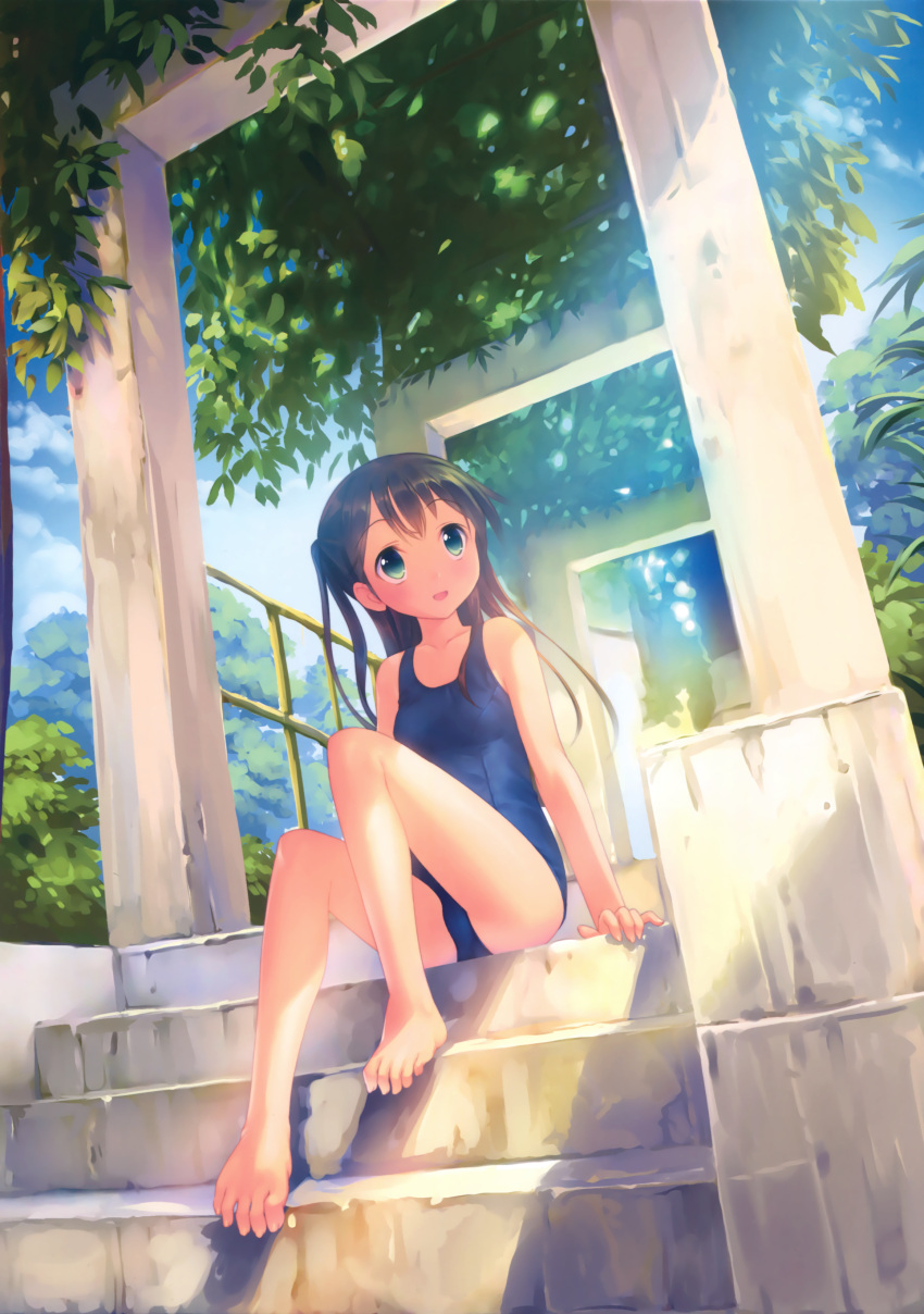 1girl absurdres bangs bare_arms bare_legs bare_shoulders barefoot black_hair blue_sky blue_swimsuit blush breasts day eyebrows eyebrows_visible_through_hair green_eyes highres long_hair one-piece_swimsuit one_side_up open_mouth original outdoors scan school_swimsuit sitting sky small_breasts smile solo stairs swimsuit takoyaki_(roast)