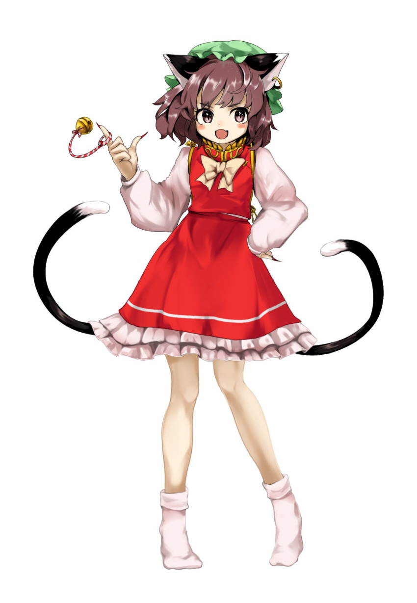 &gt;:d 1girl :d ameyu animal_ears bell blouse brown_eyes brown_hair cat_ears cat_tail chen fangs fingernails frilled_skirt frills hand_on_hip hat highres jewelry long_fingernails mob_cap multiple_tails nail_polish oota_jun'ya_(style) open_mouth red_nails red_skirt short_hair simple_background single_earring skirt smile socks tail touhou two_tails vest white_background white_legwear