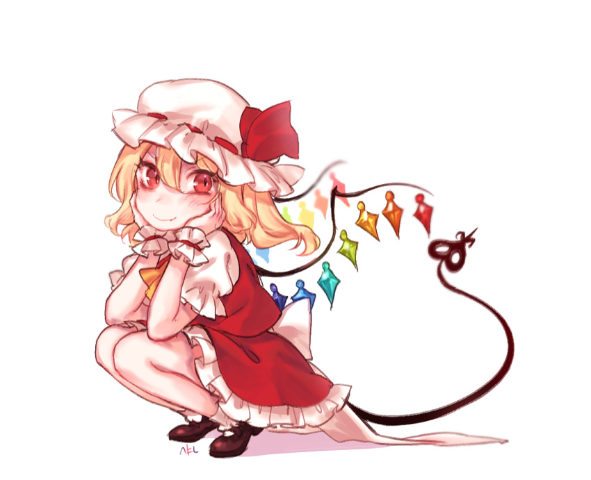 1girl blonde_hair closed_mouth flandre_scarlet hat laevatein_(tail) looking_at_viewer mob_cap red_eyes red_skirt simple_background skirt smile solo squatting tail tis_(shan0x0shan) touhou white_background wrist_cuffs