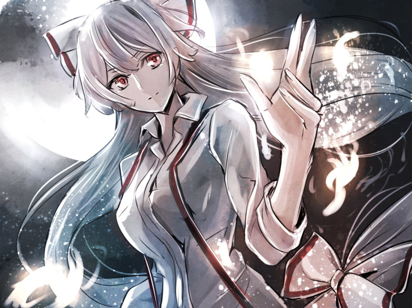 &gt;:) 1girl backlighting bow breasts closed_mouth dress_shirt fire floating_hair fujiwara_no_mokou full_moon hair_bow jan_(lightdragoon) light_smile long_hair looking_at_viewer medium_breasts moon night red_eyes shirt silver_hair sleeves_rolled_up solo suspenders touhou upper_body very_long_hair white_shirt
