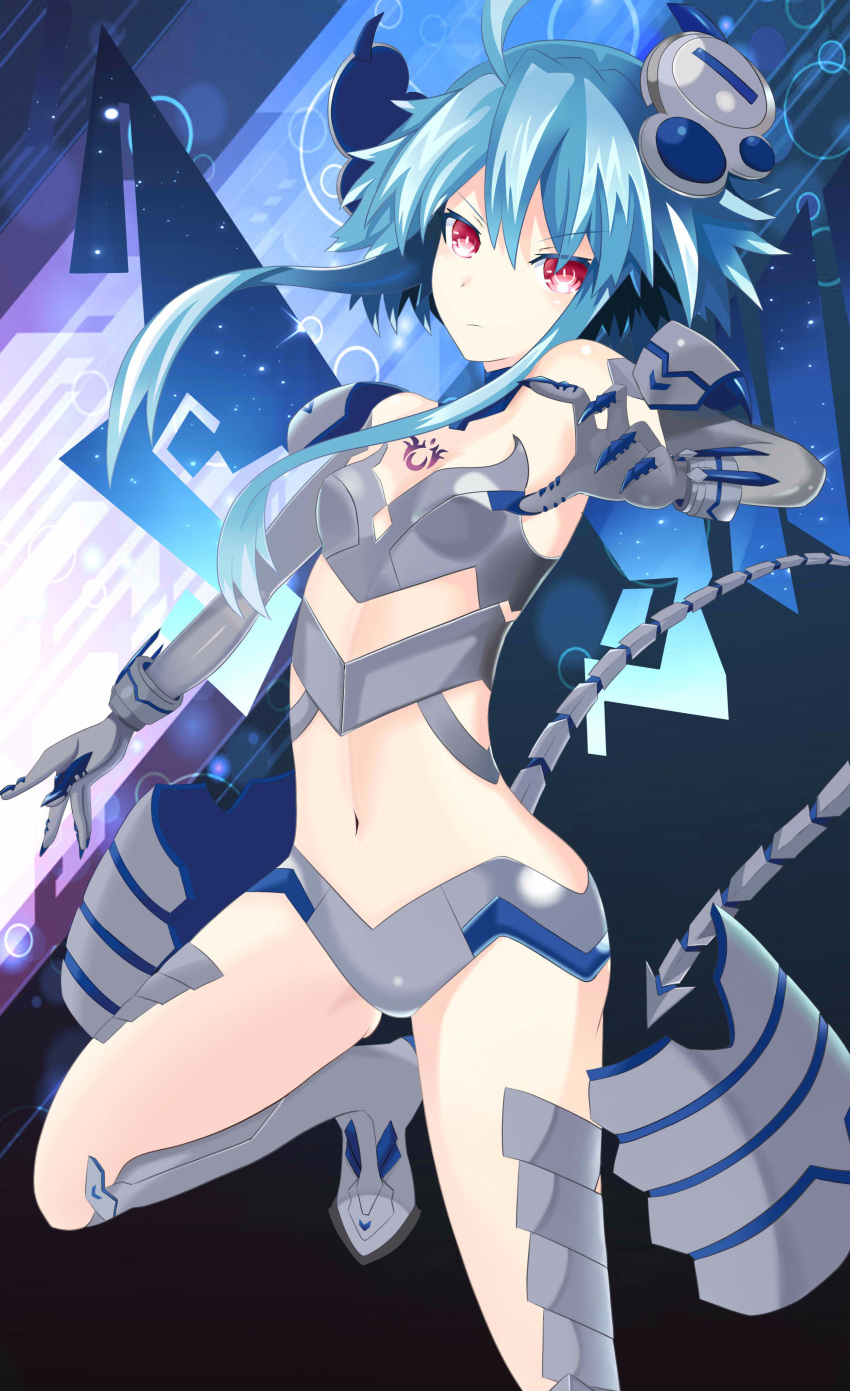1girl absurdres ahoge blanc blue_hair claws gloves highres long_hair looking_at_viewer navel neptune_(series) open_mouth power_symbol ramu-on@_shinon red_eyes short_hair_with_long_locks sidelocks solo symbol-shaped_pupils tail tattoo white_heart white_heart_(chaos_transformation)