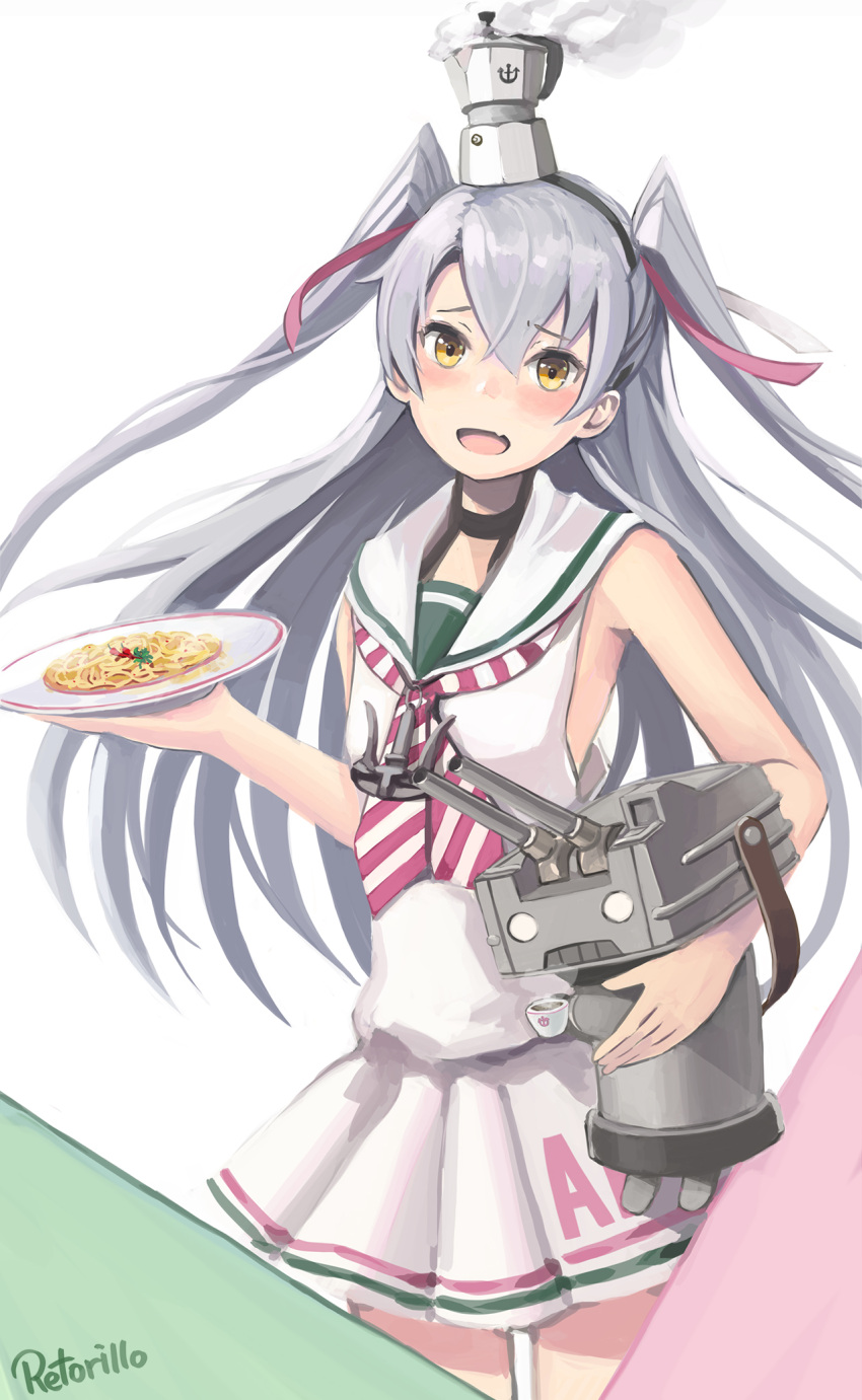 1girl amatsukaze_(kantai_collection) anchor blush coffee dress fang food hair_ornament hat headband highres kantai_collection kettle libeccio_(kantai_collection)_(cosplay) long_hair looking_at_viewer moka_pot open_mouth pasta rensouhou-kun retorillo silver_hair simple_background skirt solo spaghetti twintails yellow_eyes